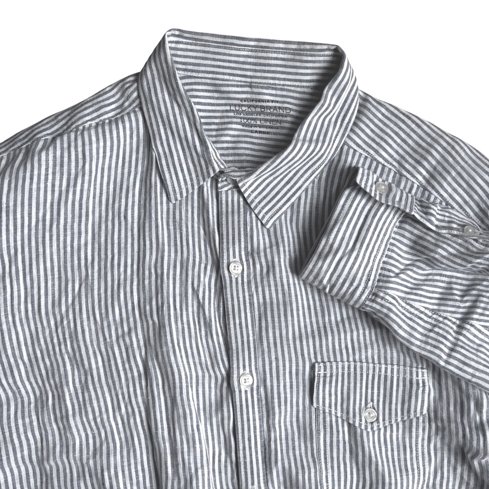 Lucky Brand Shirt Mens Large Blue White Striped 100% Linen California Fit L/S